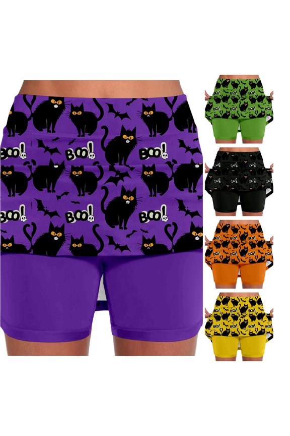 Halloween Mid Rise Culottes Women's Athleisure Two Piece Culottes with Pockets Slit Skirt