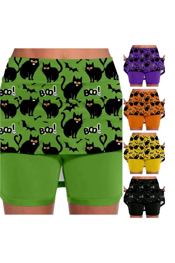 Halloween Mid Rise Culottes Women's Athleisure Two Piece Culottes with Pockets Slit Skirt