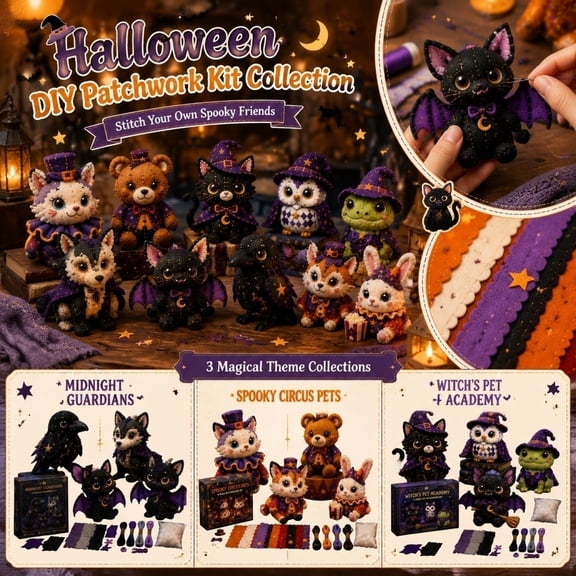 Halloween Midnight Guardians DIY Patchwork Kit, Animal Themed Stuffed Doll Sewing Kit, Pre-Cut Fabric Handcraft Set for Holiday Leisure Activity