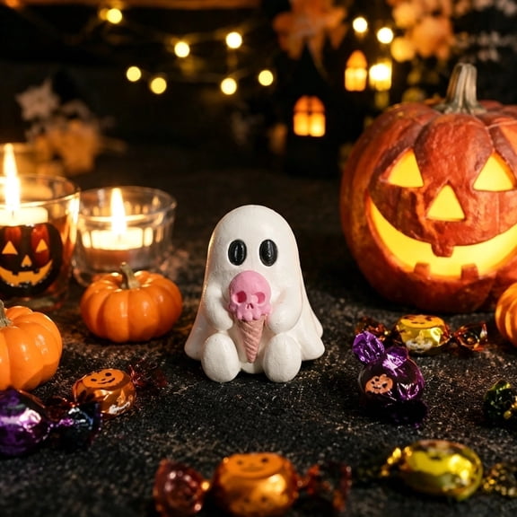 Halloween Mini Cute Ghost Decorative Figurine, Spooky White Ghost Statue with Pink Skull Ice Cream, Small Desktop Ornament for Home Party Decoration