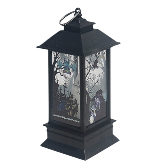 Halloween Mini Decorative Lantern, Black Vintage Lighted Wind Lantern with Ghost Pumpkin Pattern, Tabletop Hanging Party Decoration