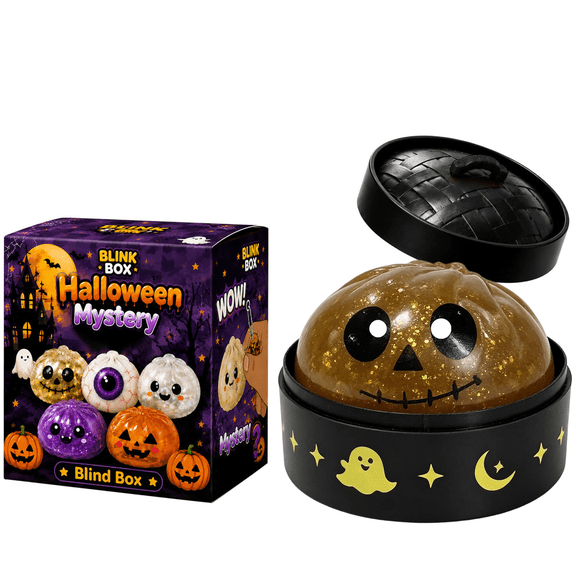 Halloween Mini Dumpling Squishy Mystery Box, Mystery Squishy Dumpling, Glitter Stress Relief Squeeze Balls with Steamer Box, Mystery Surprise Fidget Halloween Toys for Kids
