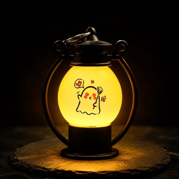 Halloween Mini Ghost Night Light, Portable LED Lantern Lamp Printed Frosted Lampshade Hanging Ring, Tabletop Ornament for Bedside Table Front Porch Bedroom