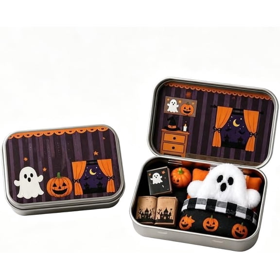 Halloween Mini Ghost Tin Box Set - Cute Spooky Halloween Travel Figurine .Adopt A Ghost Pocket Box Figurine in Mini Metal Tin, Ghost Tin Box Halloween Desktop Ornament Gift for Friends