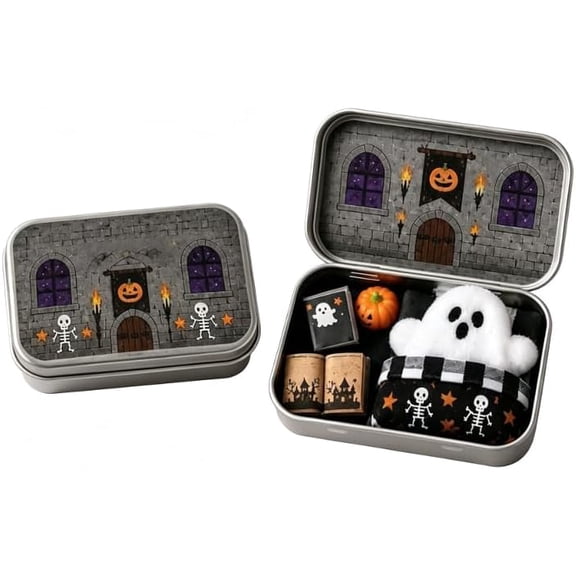 Halloween Mini Ghost Tin Box Set - Cute Spooky Halloween Travel Figurine .Adopt A Ghost Pocket Box Figurine in Mini Metal Tin, Ghost Tin Box Halloween Desktop Ornament Gift for Friends