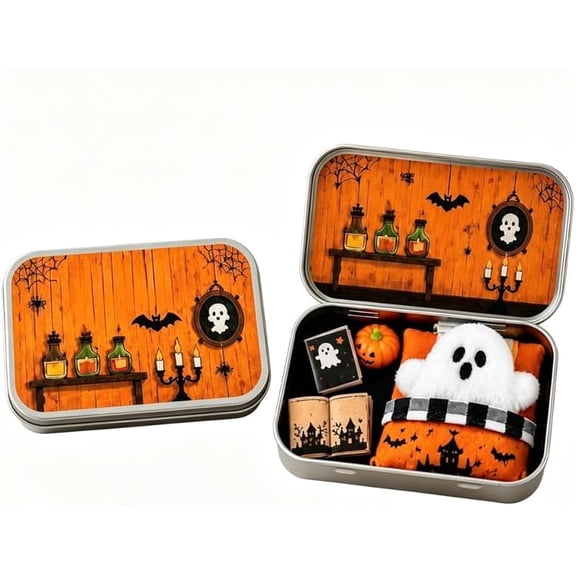 Halloween Mini Ghost Tin Box Set - Cute Spooky Halloween Travel Figurine .Adopt A Ghost Pocket Box Figurine in Mini Metal Tin, Ghost Tin Box Halloween Desktop Ornament Gift for Friends