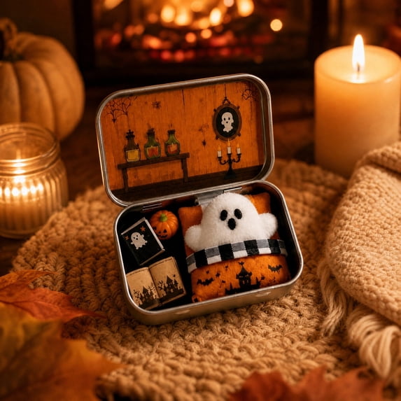 Halloween Mini Ghost Tin Set, Cute Spooky Ghost Figurine With Pumpkin Mini Props, Portable Gift Box Desktop Shelf Mantel Decor Ornament