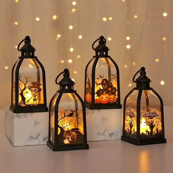 Halloween Mini Lantern for Centerpiece Lantern Lights Electronic Candle Light LED Night Light With Mirror Glass for Halloween Decorations Indoor(B)