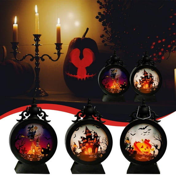 Halloween Mini Lanterns Portable Candle LED Halloween Lamp Lights,Small Lantern Decorative Indoor with Pattern Glass for All Saints' Day Party Decor,Hanging Candle Holder Ornaments