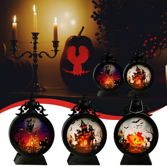 Halloween Mini Lanterns Portable Candle LED Halloween Lamp Lights,Small Lantern Decorative Indoor with Pattern Glass for All Saints' Day Party Decor,Hanging Candle Holder Ornaments