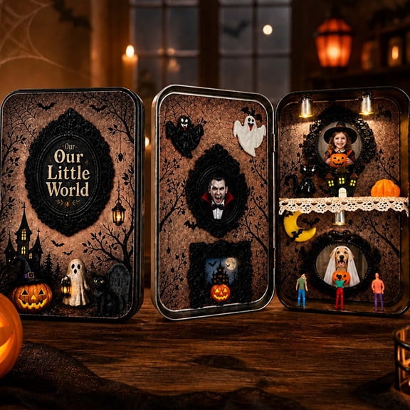 Halloween Mini Museum Shadow Box Display Case,Spooky Silhouette Frame with Ghost & Black Cat Figurines,Mini Frames & Sculptures,Personalized Memory Decor (Black)