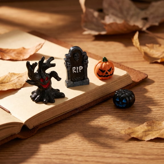 Halloween Mini Resin Figurines Set, Ghost Pumpkin Tombstone Ornament Decor For Table Shelf Window Party Display, Spooky Miniature Decoration With Gothic Festival Style