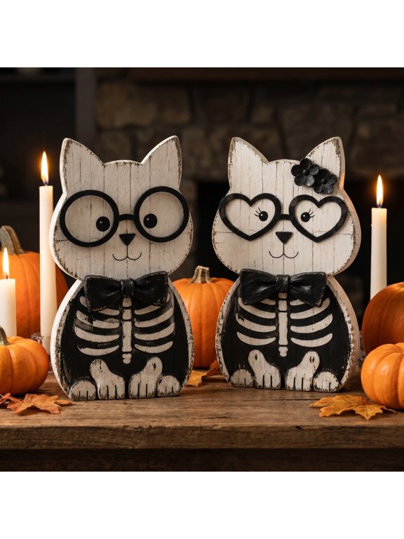 Halloween Mini Skeleton Home Decor, 2PC Halloween Ornaments Distressed Solid Wood Skeleton Figurines with Glasses, Paulownia Tiered Tray Decor for Fall Thanksgiving Table