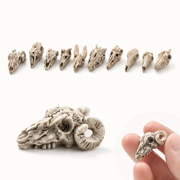 Halloween Mini Skulls, 10 Pack Resin Mini Ram Skull Statues, Small Skeleton Heads for DIY Craft Making, Halloween Party Favors, Fairy Garden & Dollhouse Micro Landscape Decoration