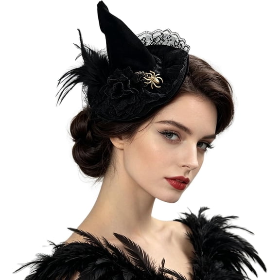Halloween Mini Witch Hat Fascinator, Black Velvet Small Witch Hat with Feather Lace Flower Golden Spider Charm, Bendable Tip Decorative Headwear