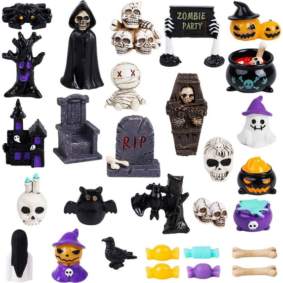 Halloween Miniature Figurines, 40 Pcs Mini Resin Craft Decorations Tiny Miniatures Dollhouse Ornaments Small Fairy Garden Décor Village Accessories