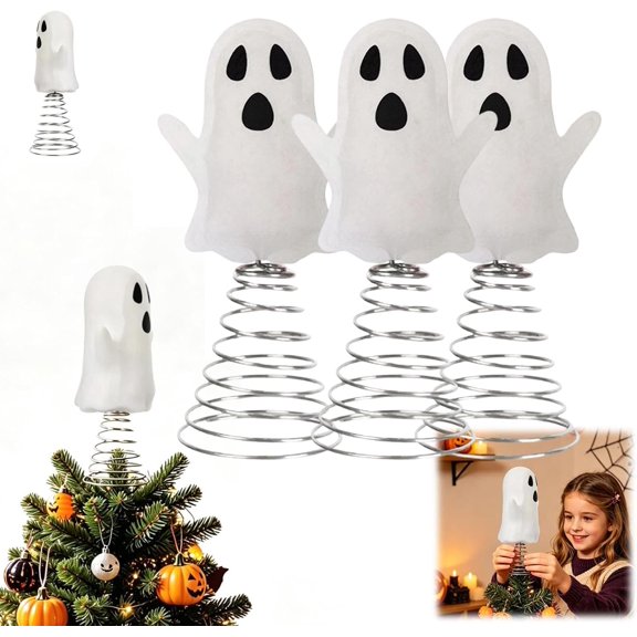 Halloween Miniature White Ghost Tree Topper Includes Spring Base 3.74 Inch Tree Ornaments for Home Halloween Party DIY Decorations (White3pcs)