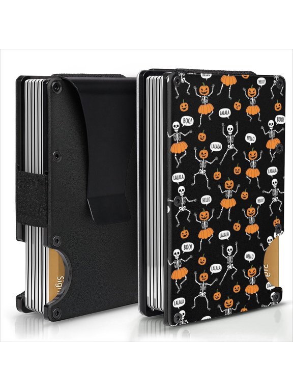 Halloween Mixed Expression Pumpkin Aluminum Tactical Wallet, Slim Metal Card Wallet with Money Clip & Easy Access Notch, RFID Blocking Gifts for Birthday Christmas Thanksgiving