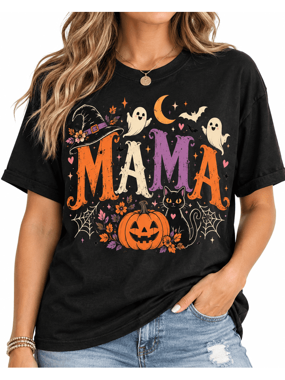 Halloween Mom Theme, Spooky Upgraded Print Design, Back To School Season Printed Women's Crew Neck T-Shirt