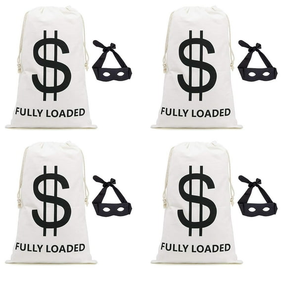Halloween Money Sign Candy Bag Sack with Dollar Mark, Perfect for Kids, Teens Trick and Treat. (Beige Color Money Bag 4 Pc with Masks)