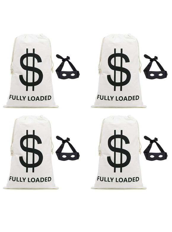 Halloween Money Sign Candy Bag Sack with Dollar Mark, Perfect for Kids, Teens Trick and Treat. (Beige Color Money Bag 4 Pc with Masks)