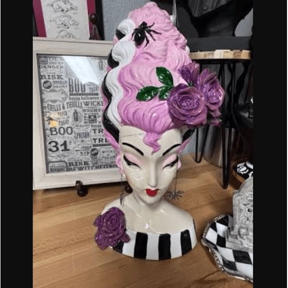 Halloween Monster Bride Bust with Pink Hair,Gothic Halloween Lady Bust Wall Sculpture, Pink Tall Updo Hair Resin Wall Mount Decor with Spider & Purple Rose Accents