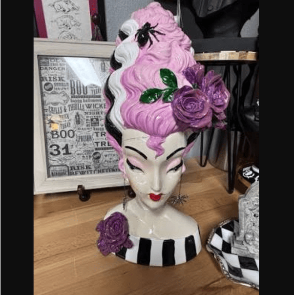 Halloween Monster Bride Bust with Pink Hair,Gothic Halloween Lady Bust Wall Sculpture, Pink Tall Updo Hair Resin Wall Mount Decor with Spider & Purple Rose Accents