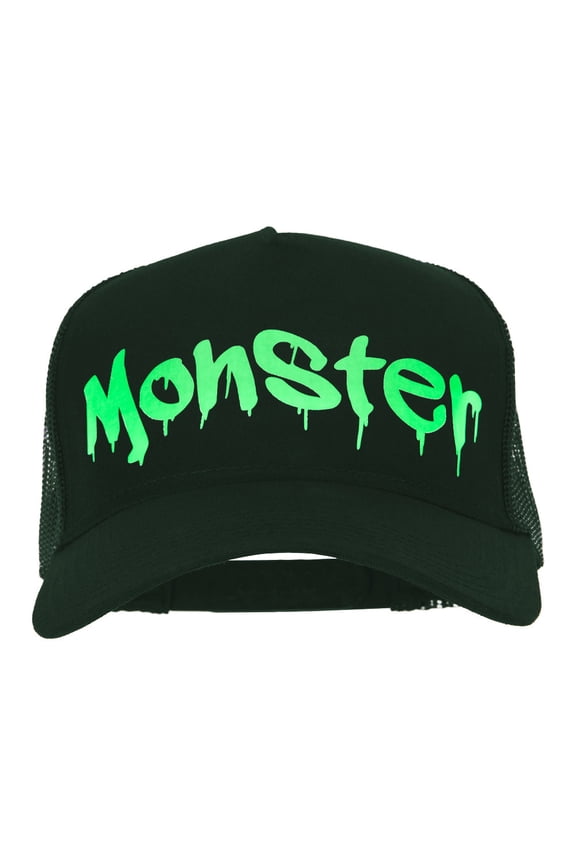 Halloween Monster Design Heat Transfer Solid Cotton Twill 5 Panel Mesh Cap - Dk Green OSFM