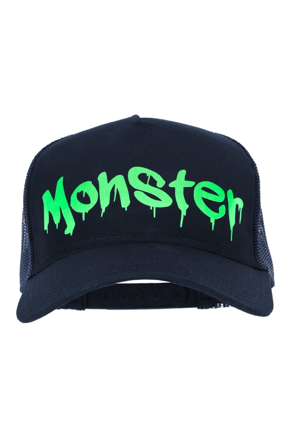 Halloween Monster Design Heat Transfer Solid Cotton Twill 5 Panel Mesh Cap - Navy OSFM