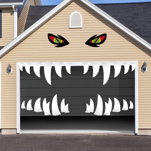 Halloween Monster Face Garage Door Decoration Set, Large Scary Eyes & Fangs Polyester Fabric Decals, Weatherproof Outdoor Halloween Decor for Garage Door, Front Door, Trunk‑or‑Treat