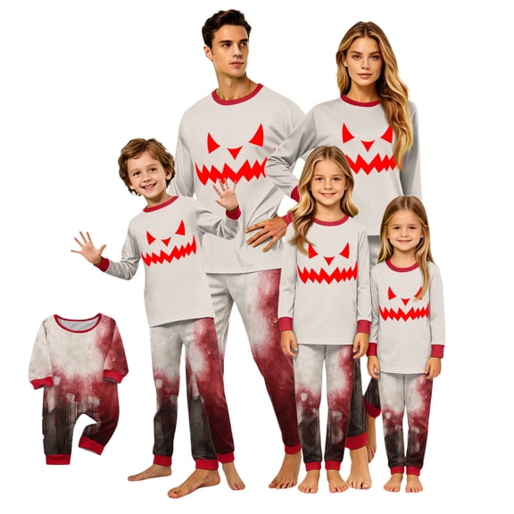 Halloween Monster Face Print Matching Family Pajama Sets with Soft Cotton Blend Fabric Featuring Spooky Red Devil Pattern for Holiday Morning Photos Trick Or Treat Parties Men M