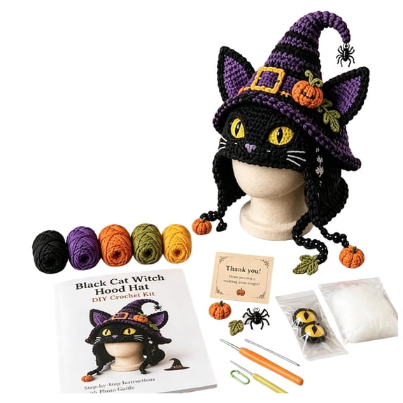 Halloween Hood DIY Crochet Kit, Spooky Party Hat for Adults, Complete with Tutorial, Yarn Hook, Charming Warm Gift(Black Cat Hood)