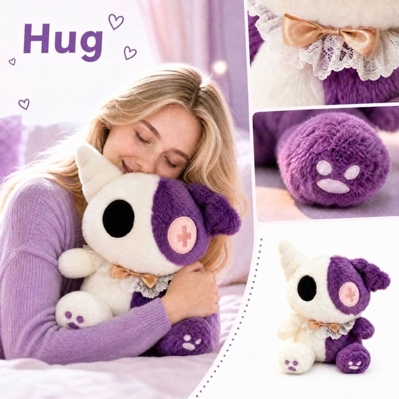 Halloween Monster Plush Toy with Cross Patch, Split Color Gothic Stuffed Doll, Cute Purple White Patchwork Monster, Plush for Shelf Desk Decor, 8.66*7.08*9.84 In
