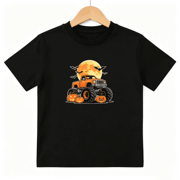 Halloween Monster Truck Boys Graphic Tee, Spooky Pumpkins Moon 100% Cotton Kids Short Sleeve T-Shirt