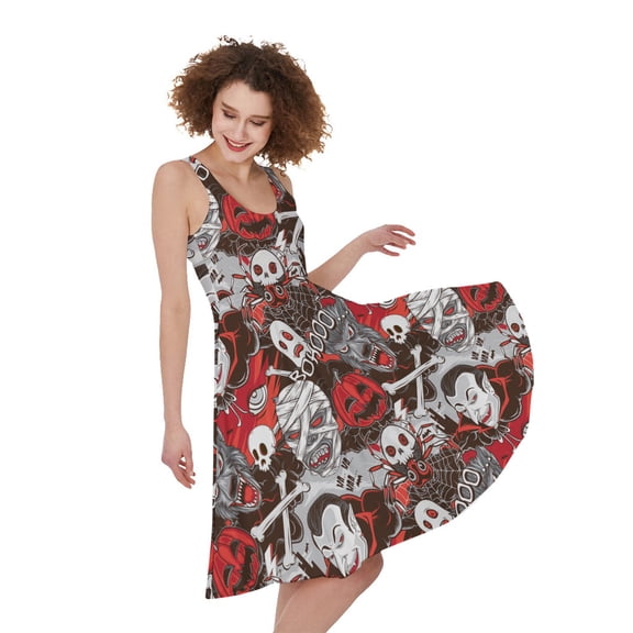 Halloween Monsters Pattern Print Sleeveless Knee Length Dress, Halloween Decorative Fashion Summer Maxi Dress For Women