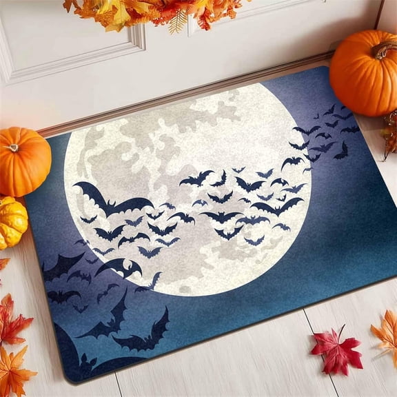Halloween Moon And Bats Welcome Doormat Waterproof Rubber Front Door Mat 16 x 24 Inch