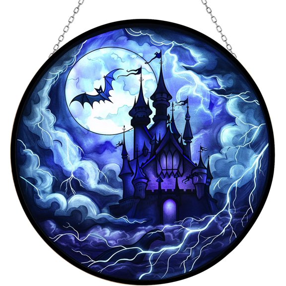 Halloween Moon Castle Suncatchers for Windows, Stained Glass Window Hangings,Hand-Painted Glass Panel Perfect for Home Decorr