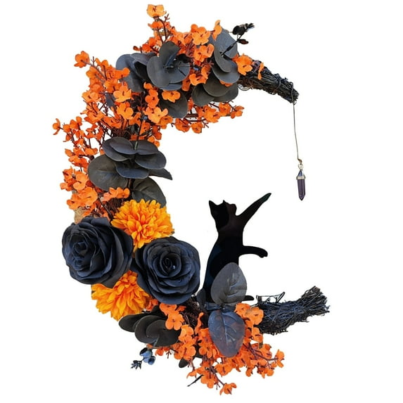 Halloween Moon Cat Wreath with Lights, Home Decoration Wreath for Hanging, Fall Outdoor Floral Hoop Home Gift, Halloween Party Wall Decorations for Cat Lovers