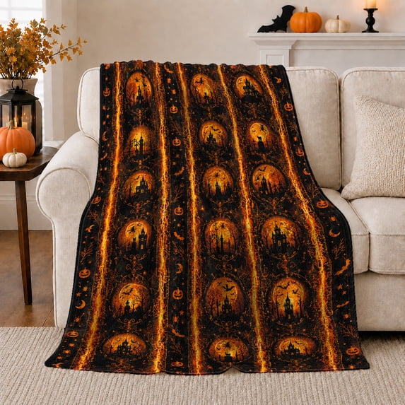 Halloween Moon Medallion Stripes with Haunted Houses, Dramatic Vintage Motif for Halloween Lovers, Halloween Gift, Cozy Flannel Blanket for Family Room and Cabin, Gothic Home Decor