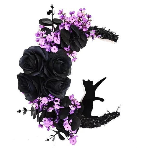 Halloween Moon‑Shaped Grapevine Wreath, Purple Black Spooky Moon Wreath, Artificial Twig Wreath for Front Door Wall Window Indoor Outdoor Halloween Home Decor
