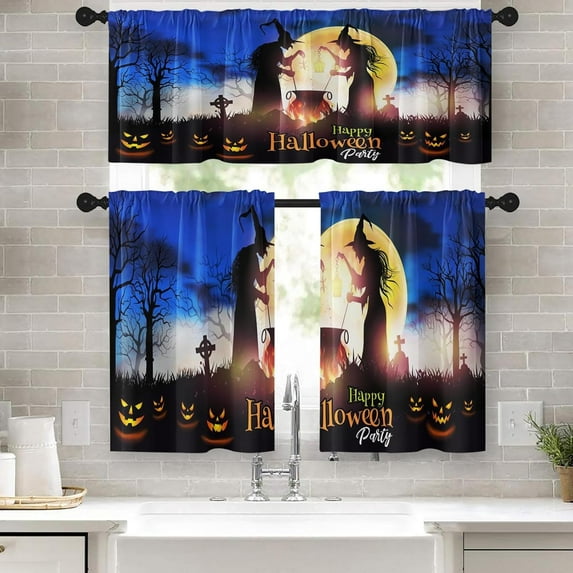 Halloween Moon Tree Kitchen Curtains Window Curtains and Valances Set 36 Inch, Pumpkin Witch Horror Night Short Tier Curtain for Kitchen, Spooky Small Kitchen Decor