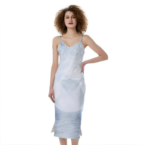 Halloween Moonlight Print Slim Fit Midi Cami Dress, Halloween Decorative Fashion Summer Maxi Sexy Casual Dress For Women