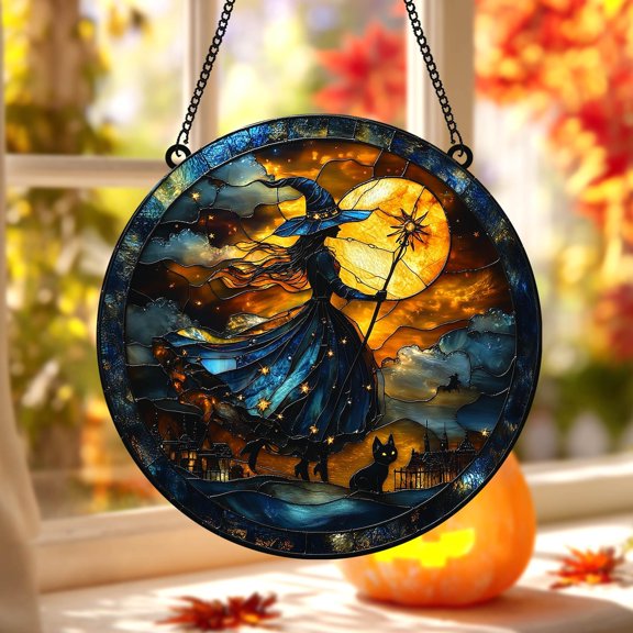 Halloween Moonlit Witch Acrylic Suncatcher Faux StainedGlass Window Hanging with BlueGowned Sorceress, Mystical Halloween Decor