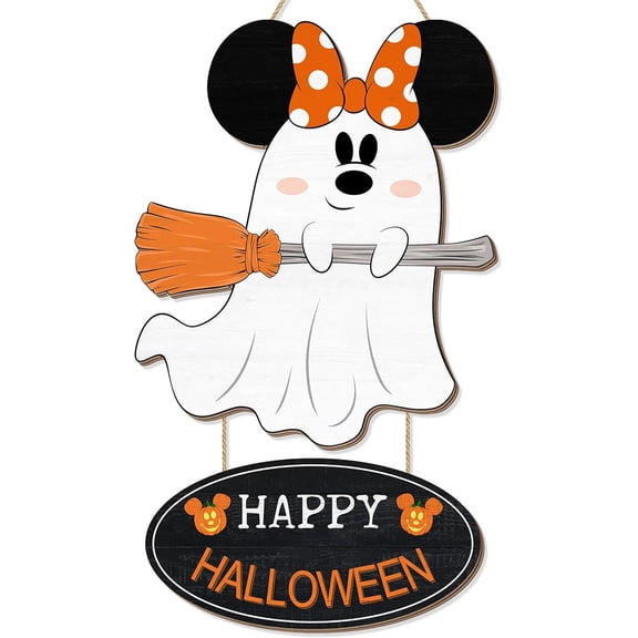 Halloween Mouse Decorations, Halloween Mouse Ghost Wood Hanging Sign for Front Door, Happy Halloween Wooden Pumpkin Broom Signs for Home Wall Decor Large Size