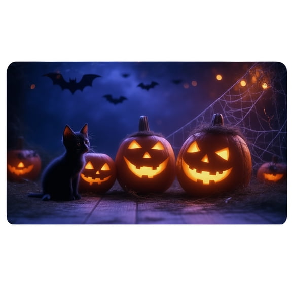 Halloween Mouse Pad,A black cat sitting in front of three jack-o-lanterns with bats in the background,Anti Slip Desk Pad,14x24 Desk Mat,Flat Mouse Pad
