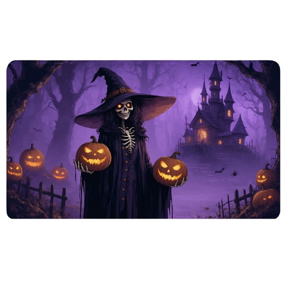 Halloween Mouse Pad,A skeleton dressed as a witch holding two jack-o-lanterns in front of a haunted house,Non Slip Desk Pad,24x14 Desk Pad,Desk Pads