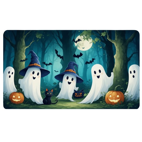 Halloween Mouse Pad for Desk,A group of ghosts and a black cat in a forest,Non Slip Mouse Pad,24x14 Desk Pad,Desktop Pad