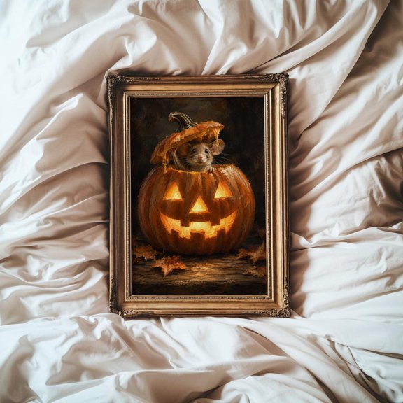 Halloween Mouse Pumpkin Cute Jack Lantern Whimsical Poster