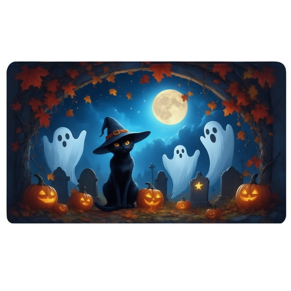 Halloween Mousepad,A black cat wearing a witches hat sitting in front of a graveyard,Non Slip Mouse Pad,Large Mousepad for Desk,Pad for Laptop on Desk