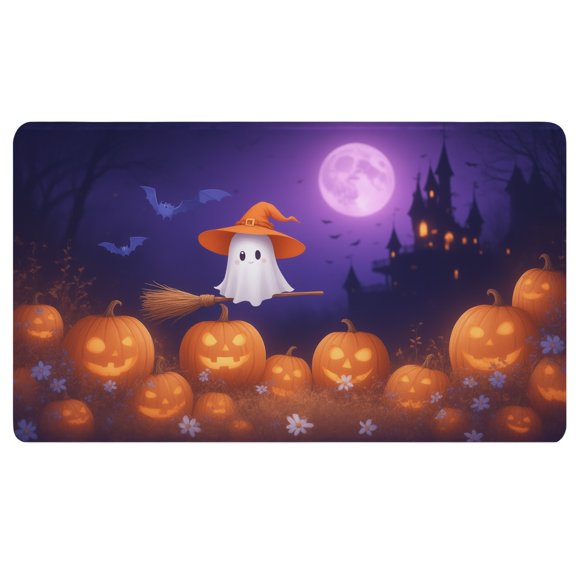 Halloween Mousepad,A ghost in a witches hat flying on a broom over a field of pumpkins,Non Slip Mouse Pad,3mm Thick Desk Mat,Mouse Pad Girl